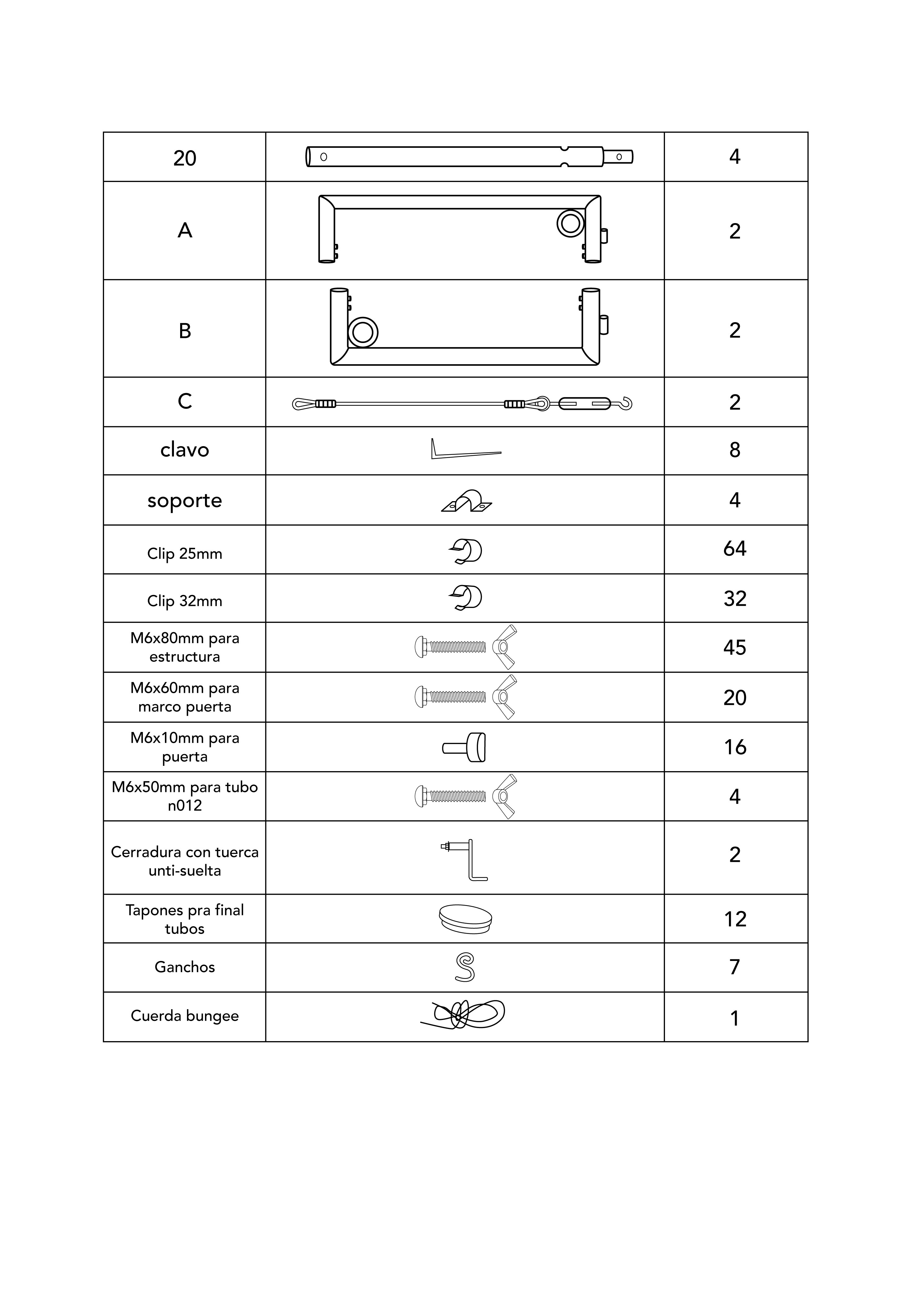 Tabla de tornillería y accesorios